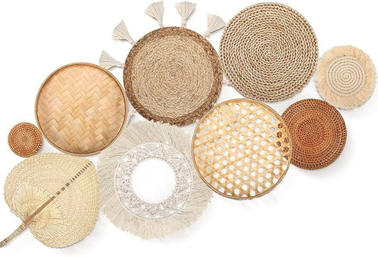 Set of 9 Wall Basket Decor Boho Wall Hanging Decor Rattan Wall Decor Flat Round Wicker Woven Macrame Tassels Tapestry Bamboo Wall Basket Serving Tray Art Handmade Set for Room Bedroom Living Room
