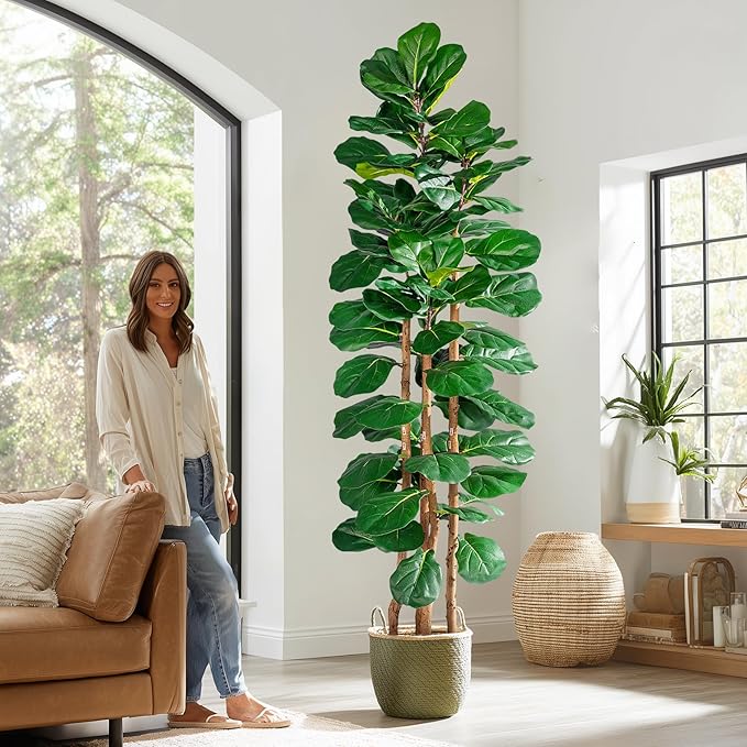 Tall Fake Fiddle Leaf fig Trees Large Artificial ficus Tree Indoor Outdoor Realistic Floor Plant Faux Plastic Plants Flowers for House Home Living Room Office Front Porch Modern Farmhouse Decor