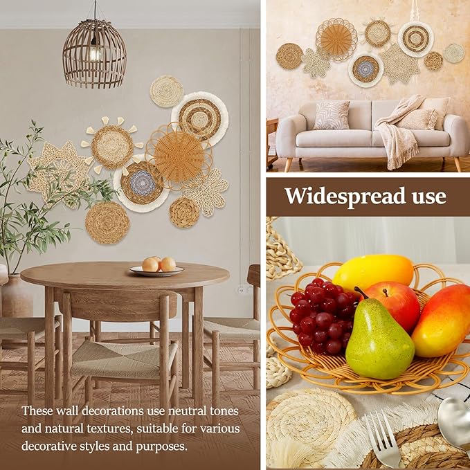 9 Pcs Boho Wall Basket Decor, Rattan Wicker Boho Wall Decor, Hanging Woven Basket Wall Decor, Round Handmade Wall Art for Living Room Bedroom Display Table Settings Home Christmas Decoration (Wood)
