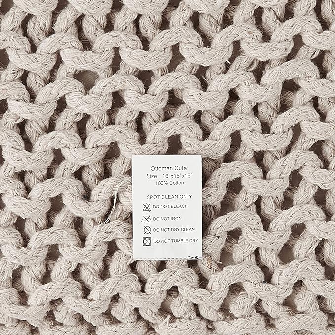 REDEARTH Square Pouf Ottoman Foot Stool - Hand Knitted Bean Bag - Cord Boho Pouffe - Accent Poof for Living Room - Nursery - Bedroom - Kids Bedroom - Patio - 100% Cotton (16" x 16" x 16") - Ivory