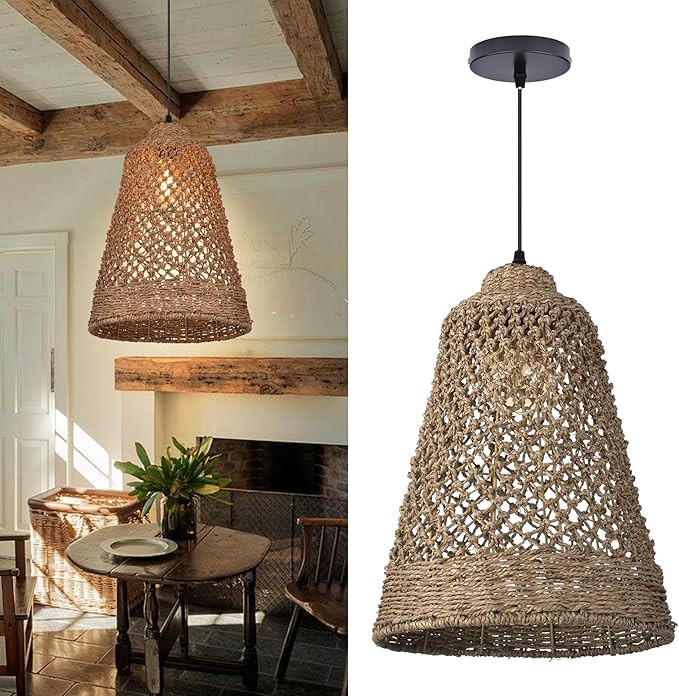 Arturesthome Wicker Pendant Light Fixture Basket Rattan Chandelier Handmade Pendant Lighting for Dining Table Restaurant Foyer D 11.8″* 15.7″