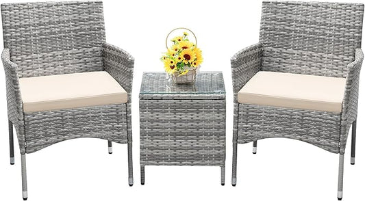 Devoko 3 Pieces Patio Furniture Sets Clearance PE Rattan Wicker Chairs with Table Outdoor Garden Porch Furniture Sets (Light Grey)