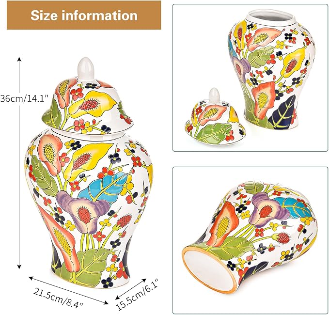 Sungmor Decorative Ceramic Ginger Jar with Lid, Floral Pattern Porcelain Temple Storage Jar, 14" Hand Painted Ceramic Flower Vase for Centerpiece, White Glazed Vase for Flower Arrangement, Home Decor