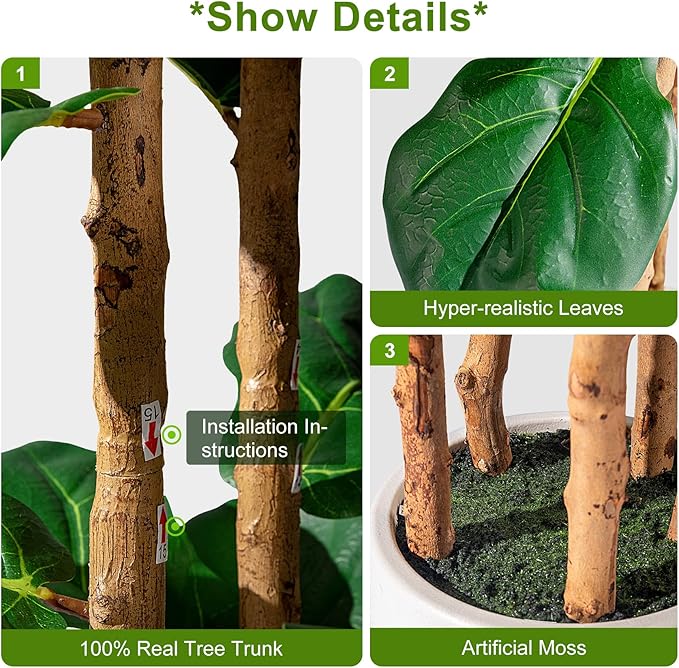 Large Fake Fiddle Leaf fig Trees Tall Artificial ficus Tree Indoor Outdoor Realistic Floor Plant Faux Plastic Plants Flowers for House Home Living Room Office Front Porch Modern Farmhouse Decor