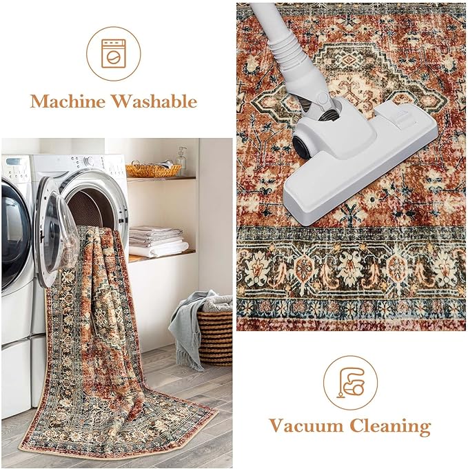 Lahome Oriental Area Rug, 3x5 Washable Rugs for Living Room Non Slip Entry Mat, Vintage Soft Pet Friendly Throw Carpet for Entryway Bedroom Dinning Room, Brick Red