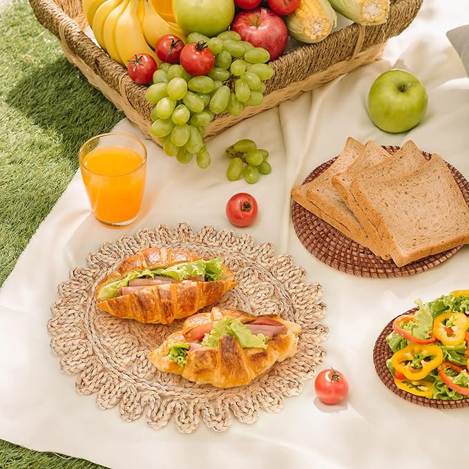 Unittype Wall Basket Decor Set of 8 Boho Wicker Wall Handmade Decor with Rattan Mirror Farmhouse Woven Hanging Basket for Bathroom Bedroom Living Room