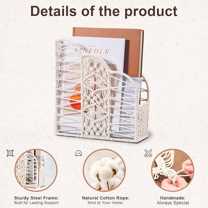BROWNLILY Macrame Magazine Holder - Unique Handwoven Basket for Books & Home Decor, Exclusive Cotton Rope Weaving Art, Single Piece