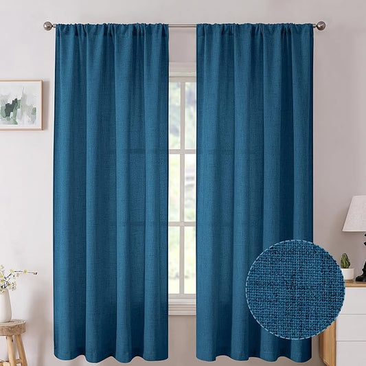 Tollpiz Linen Curtains Living Room Rod Pocket Semi Sheer Curtain Burlap Light Filtering Thick Linen Drapes for Bedroom, 38 x 63 inches Long, Classic Blue, Set of 2 Panels