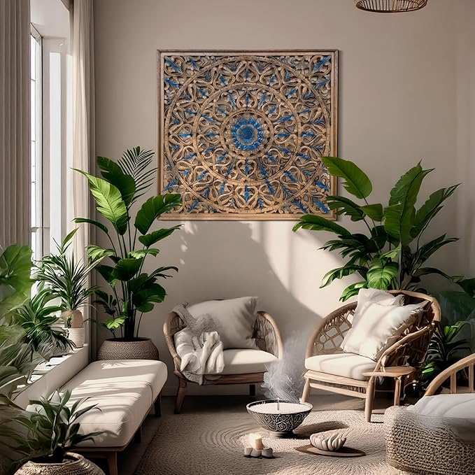 KultureDeco Large Spiritual Mandala Décor [40x40 inch] Wood Wall Hanging Decor | Above Bed Wall Decor | Living Room & Bedroom Décor Asethetic | Zen Farmhouse Wall Art (Tropis (Brown-Blue))