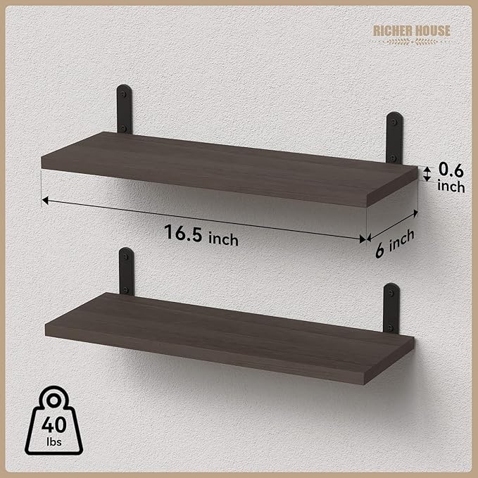 RICHER HOUSE Floating Shelves for Décor, Rustic Wood Wall Shelves for Bedroom Set of 2, Farmhouse Shelf for Bathroom, Hanging Shelves for Storage, Wall Mounted - Deep Brown