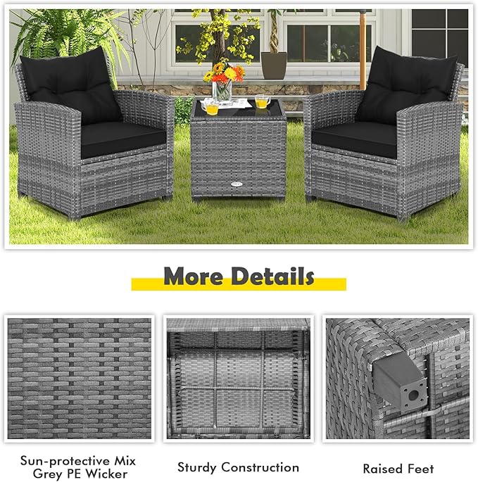 HAPPYGRILL 3 Pieces Patio Conversation Set, Outdoor Furniture Set PE Rattan Sofa Set with Removable Cushions, PE Wicker Chairs with Tempered Glass Side Table for Porch Lawn Garden Balcony Backyard