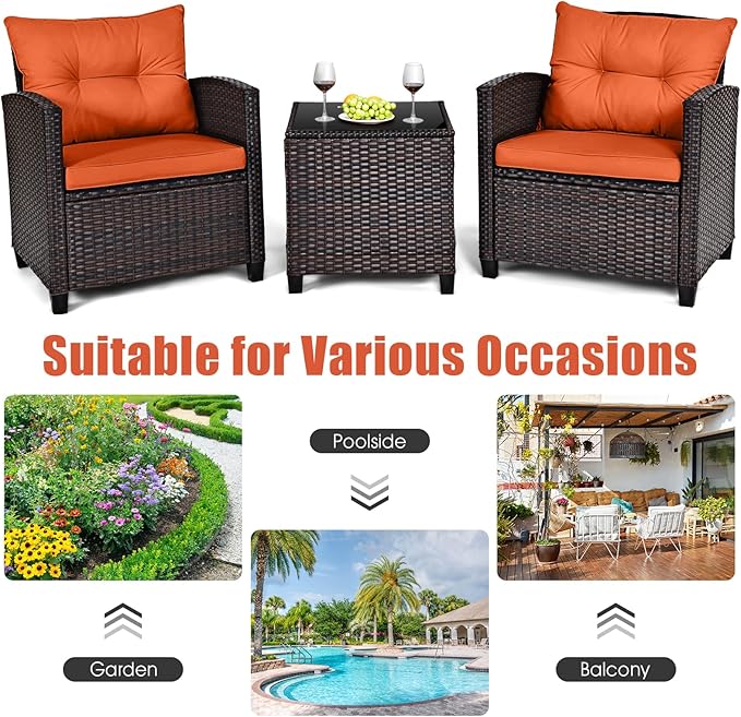 HAPPYGRILL 3 Pieces Patio Conversation Set, Outdoor Furniture Set PE Rattan Sofa Set with Removable Cushions, PE Wicker Chairs with Tempered Glass Side Table for Porch Lawn Garden Balcony Backyard