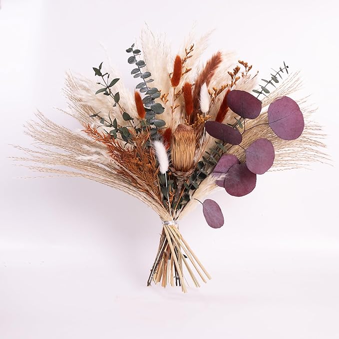 Handmade Bohemian Dried Flower Bouquet – Finished Floral Arrangement with Pincushion Flower, Pampas Grass, Bunny Tails & Eucalyptus – Rustic Farmhouse, Party, Shelf, Dining Table & Home Decor