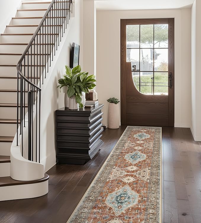 Lahome Oriental Hallway Runner Rug, 2.5x8 Kitchen Runner Non Slip Ultra-Thin, Soft Washable Hallway Rug Non Shedding Long Carpet for Entryway ‎Laundry Room Bathroom, Orange/Multi