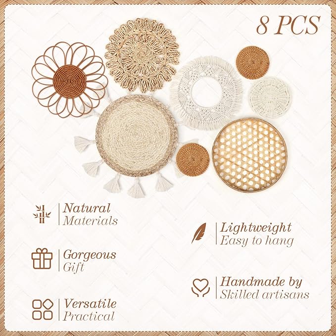 Marsui Set of 8 Boho Wall Hanging Set - Woven Rattan, Bamboo Baskets with Macrame Tassels & Tapestry for Bedroom, Living Room, Nursery Decor