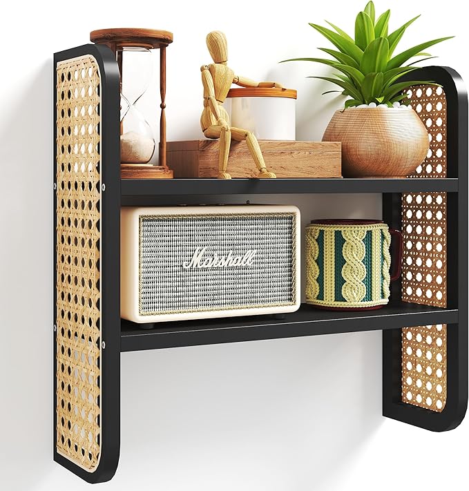 2-Tier Rattan Shelf, Black Rattan Bookshelf Wall Mounted, Handmade Woven Display Shelf, Decorative Boho Shelves for Entryway, Nursery, Kitchen, Bathroom, Living Room
