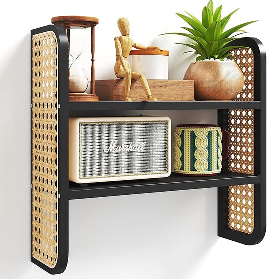 2-Tier Rattan Shelf, Black Rattan Bookshelf Wall Mounted, Handmade Woven Display Shelf, Decorative Boho Shelves for Entryway, Nursery, Kitchen, Bathroom, Living Room