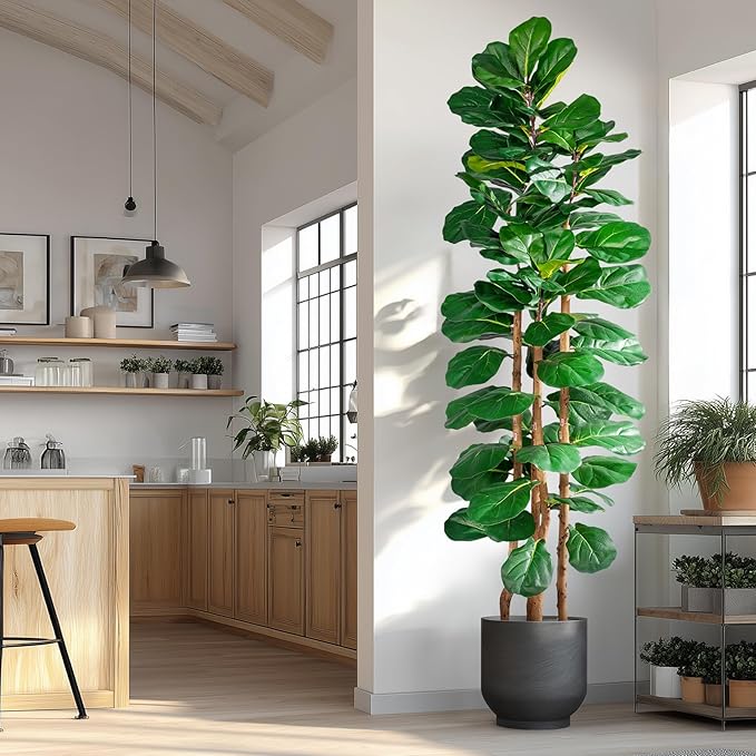 Tall Fake Fiddle Leaf fig Trees Large Artificial ficus Tree Indoor Outdoor Realistic Floor Plant Faux Plastic Plants Flowers for House Home Living Room Office Front Porch Modern Farmhouse Decor