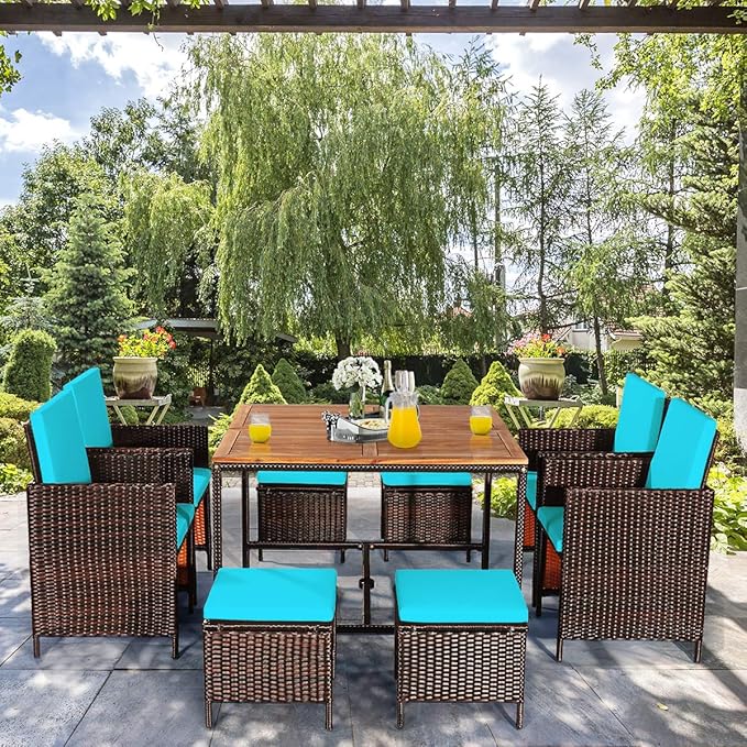Tangkula 9 Pieces Acacia Wood Patio Dining Set, Space Saving Wicker Chairs and Wood Table with Umbrella Hole Outdoor Furniture Set, Suitable for Garden, Yard, Poolside, Outdoor Seating Set