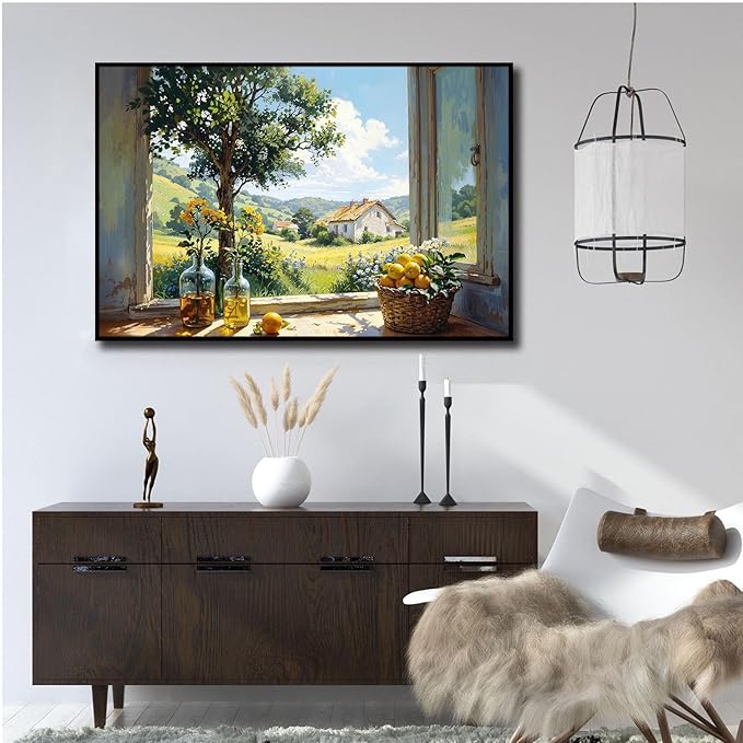 Vintage window farmhouse canvas painting wicker basket full of lemons rolling green hills lush foliage yellow flowers glass bottle rustic charm tranquil country living textured artwork wall decor