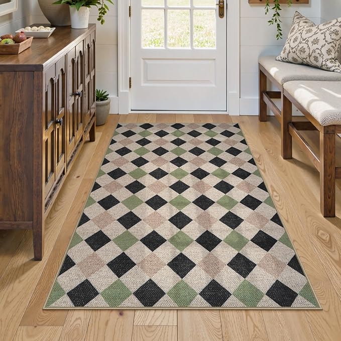 Collive Checkered Easy Jute Outdoor Patio Rugs for Entryway, 3x5 Washable Black and Green Diamond Kitchen Carpet, Modern Non Slip Woven Door Mats for Bedroom Entrance Nursery Classroom