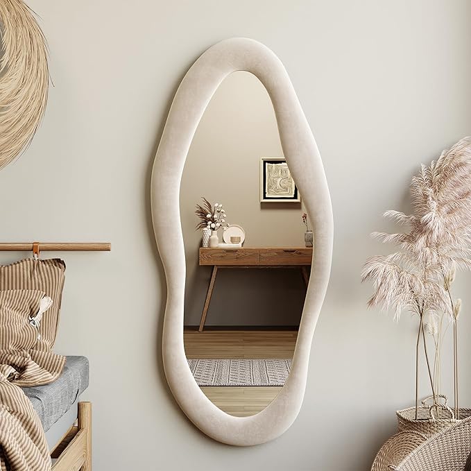 Honyee 55" x 24" Wall Mirror, Flannel Wrapped Wooden Frame Wavy Mirror, Irregular Mirror Hanging for Cloakroom/Bedroom/Living Room, Ivory White