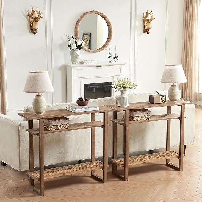 Boho Solid Wood Console Table – 39.4 Inches Rustic Farmhouse Entryway Table with Rattan Shelf, 3 Tier Open Tiered Console Table, Sofa Table for Hallway, Living Room, Foyer