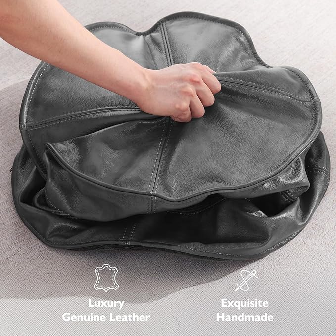 Leather Ottoman,Handmade Stuffed Square Ottoman,Genuine Leather Pouf, Foot Rest Pouf,Comfortable Soft Seating for Living Room & Bedroom (Grey, Round)