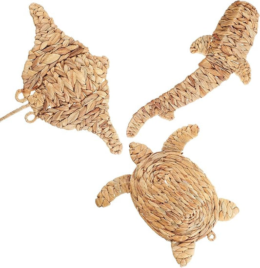 3 Pcs Boho Christmas Beach Bathroom Decor 3 Size Handmade Wicker Wall Decors Coastal Hanging Wall Art Florida Christmas Decoration for Indoor Outdoor Xmas Gifts(Stingray, Shark, Sea Turtle)