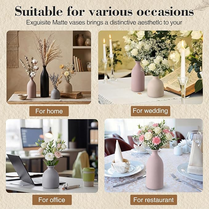 Dandat Ceramic Vase Set of 4, Modern Decorative Ceramic Vases Rustic Pottery Centerpiece Table Decor for Farmhouse Bouquet Pampas Grass Dried Fresh Flowers, Living Room, Kitchen, Bedroom(Brown)