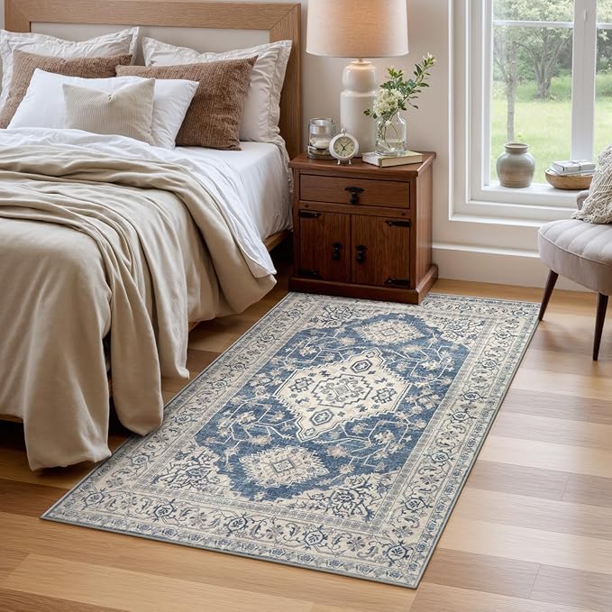Lahome Oriental Area Rug, 3x5 Washable Rugs for Living Room Non Slip Entry Mat, Vintage Soft Pet Friendly Throw Carpet for Entryway Bedroom Dinning Room, Blue
