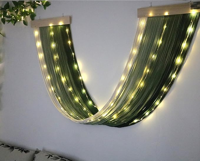 OakHaomie Macrame Fairy Lights Battery Operated with Remote,Large Macrame Wall Hanging with 20ft 100 LED String Lights,Green Gradient Warm White Light for Living Room,Bedroom,Christmas,Holiday Deco