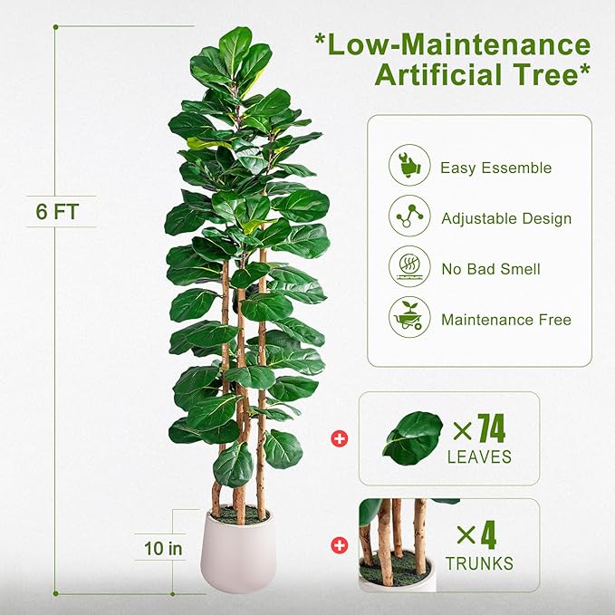 Tall Fake Fiddle Leaf fig Trees Large Artificial ficus Tree Indoor Outdoor Realistic Floor Plant Faux Plastic Plants Flowers for House Home Living Room Office Front Porch Modern Farmhouse Decor