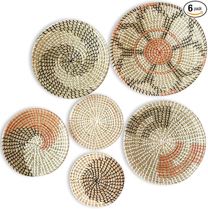 Boho Wall Basket Decor Set of 6 - Hanging Woven Basket Wall Decor, Handcrafted Round Flat Seagrass Baskets Wall Art, for Modern、Farmhouse、Home - Unique Modern Wall Basket Decor