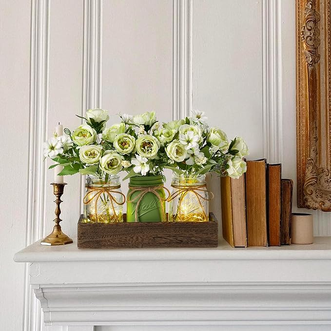 DUOER 3 Pcs Mason Jar Centerpiece Table Decorations for Dining Farmhouse Coffee Table Decor with Wood Tray and Led Light Table Centerpieces for Dining room Kitchen Living Bathroom,Green