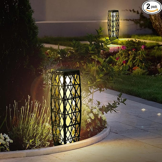 Solar Powered Outdoor Floor, 2 Piece Outdoor Floor Lamps, Solar Lanterns Waterproof, Resin Wicker Weather-Resistant Rattan Deck Light for Patio, Lawn, Porch, Garden