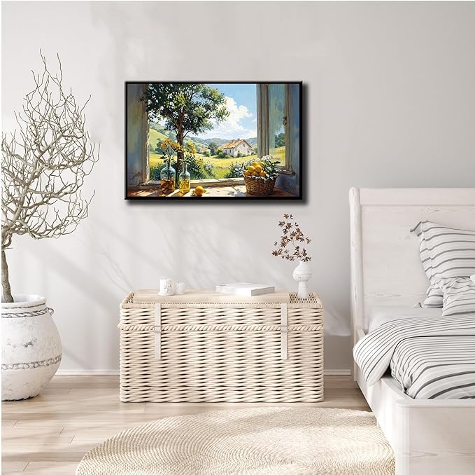 Vintage window farmhouse canvas painting wicker basket full of lemons rolling green hills lush foliage yellow flowers glass bottle rustic charm tranquil country living textured artwork wall decor