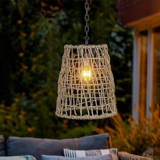 Solar Lanterns Outdoor Waterproof Hanging Light-Natural Seeweed Rattan Decorative Solar Rattan Pendent Chandelier Light with Edison Bulb for Patio Garden Landscape Pathway Yard Décor