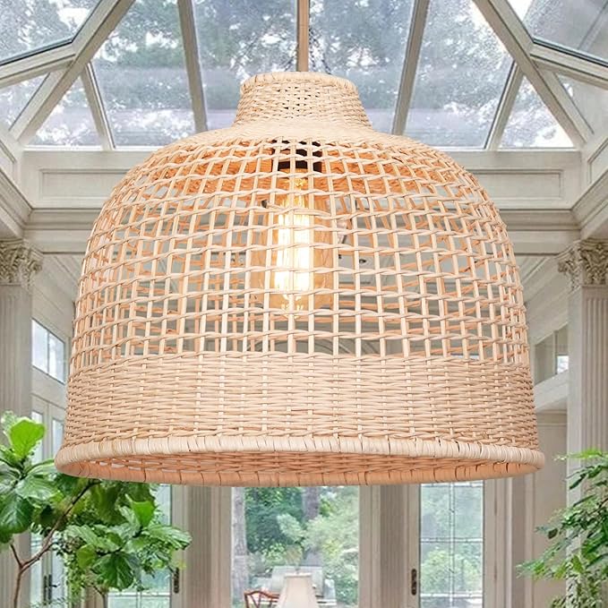 Rattan Pendant Lights, Hand-Woven Large Wicker Chandelier Boho Pendant Light Bamboo Basket Hanging Light for Bedroom Dining Room Kitchen Island Living Room, 17.8x17.8IN