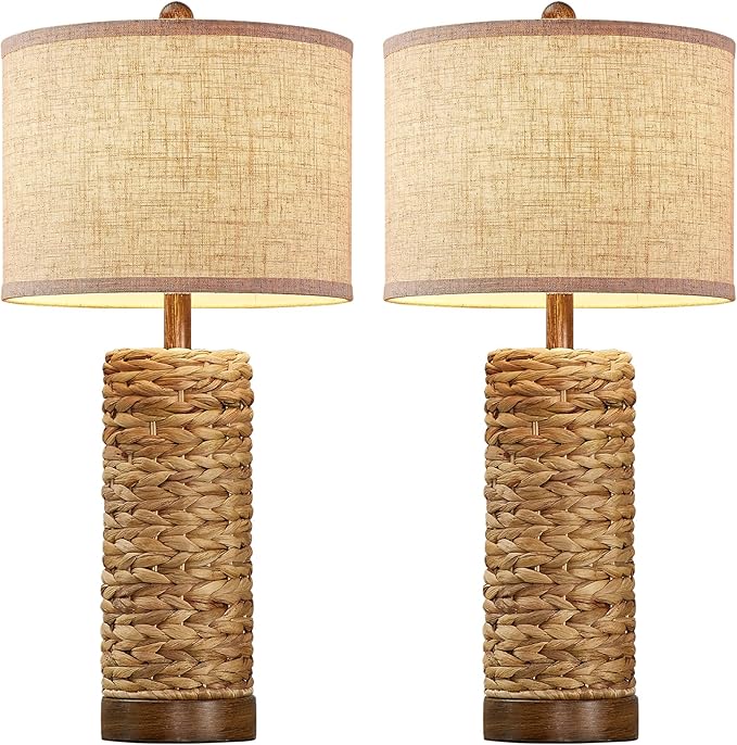 27.5'' Tall Natural Rattan Table Lamps Set of 2, Hand - Woven Wicker Lamp with Linen Shade, Rustic Coastal Boho Style Table Lamps for Bedroom, Living Room, Home Decor