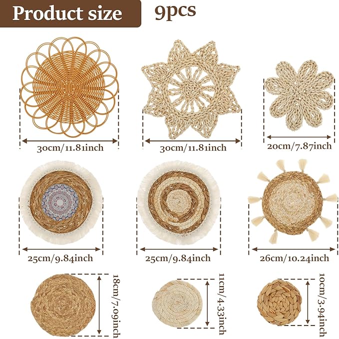 9 Pcs Boho Wall Basket Decor, Rattan Wicker Boho Wall Decor, Hanging Woven Basket Wall Decor, Round Handmade Wall Art for Living Room Bedroom Display Table Settings Home Christmas Decoration (Wood)