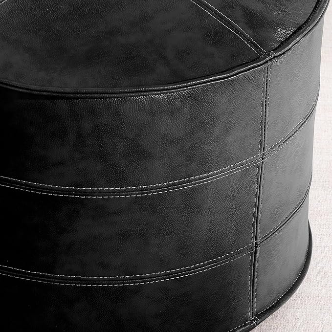 Round Leather Ottoman,Handmade Stuffed Ottoman,Genuine Leather Pouf, Foot Rest Pouf,Comfortable Soft Seating for Living Room & Bedroom (Black, Round)