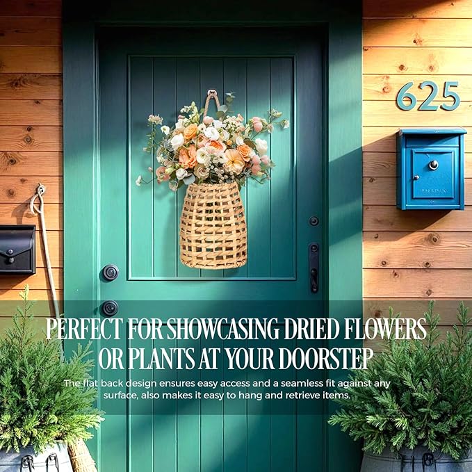 Natural Handwoven Wall Hanging Water Hyacinth Basket for Front Door Flowers & Home Decor – Handwoven Wicker Wall Baskets with Loop Handle – Decorative Organizer for Entryway Mail and Seasonal Display