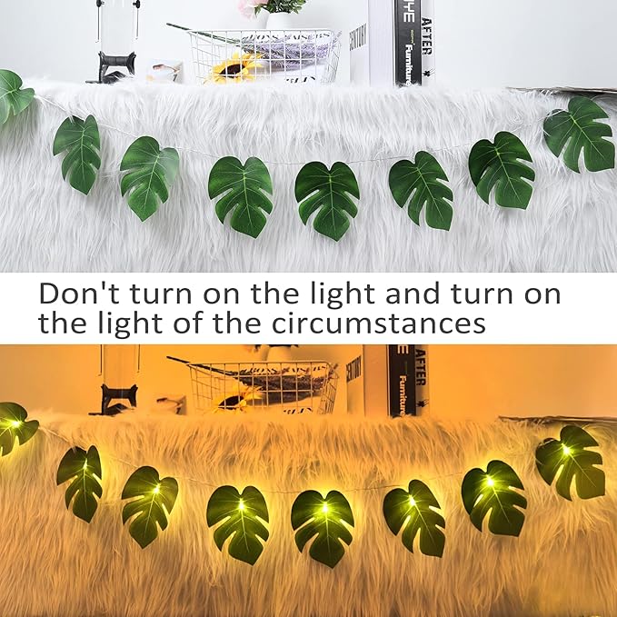 RECUTMS 20LED Monstera Leaf String Lights, Tropical Artificial Rattan Palm Leaves Wall Hanging Vine Greenery,Summer Decorations for Outdoor Indoor Hawaiian Luau Jungle Beach Theme Party Table Home