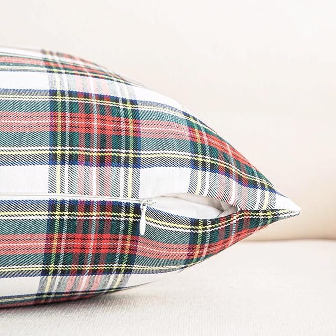 AQOTHES Pack of 2 Christmas Plaid Decorative Throw Pillow Covers Scottish Tartan Cushion Case for Farmhouse Home Holiday Decor Red and White, 18 x 18 Inches