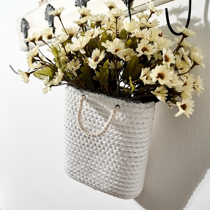 Vaseking Elegant White Petite Vase, 8 inch Ceramic Modern Minimalism Basket Vase with Hanging Rope, Creative Tote Bag Vases for Home Decor, Living Room, Wedding, Bookshelf Decor