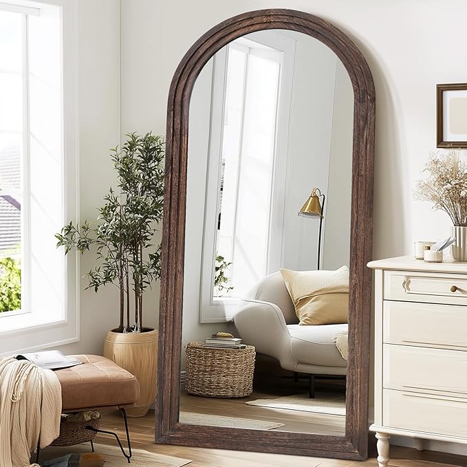 Arched Full Length Mirror 71"x32" - Rustic Brown Solid Wood Wall Mirror, Oversized Leaning or Mounted Design for Bedroom, Entryway, Living Room Décor