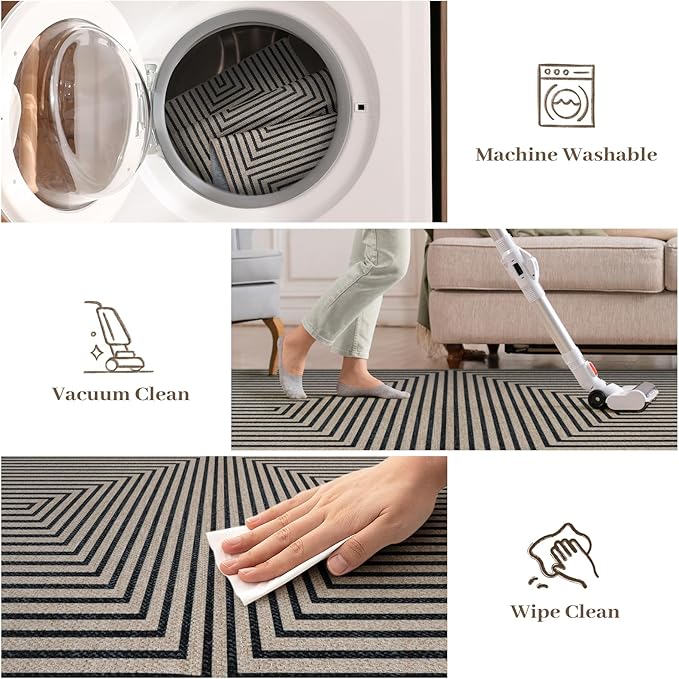 Collive Washable Easy Jute Living Room Rug, 4x6 Modern Washable Geometric Area Rugs for Dining Room, Non Slip Kitchen Carpet Farmhouse Indoor Outdoor Mats for Bedroom Kids Room Office Outside