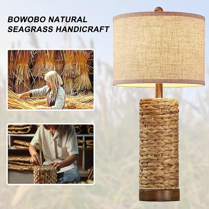 27.5'' Tall Natural Rattan Table Lamps Set of 2, Hand - Woven Wicker Lamp with Linen Shade, Rustic Coastal Boho Style Table Lamps for Bedroom, Living Room, Home Decor