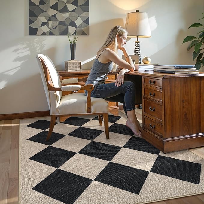 Collive Checkered Easy Jute Outdoor Area Rug 5x7, Washable Black Diamond Living Room Rugs Non Slip, Modern Farmhouse Indoor Outdoors Carpets for Dining Room Nursery Patio Bedroom Backyard Camping